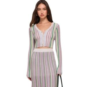 Lulus NWT Eye-Catching Trend Taupe Multi Striped Ribbed Cardigan Top